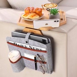 Jolitac Sofa Arm Clip Table, Couch Arm Tray Table Wooden Side Tables for Wide Couches Armrest Table for Eating/Drinks/Snacks/Remote/Control (Natural+Bag)