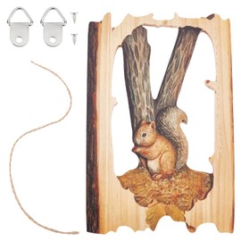 CREATCABIN Squirrel Animal Wood Carved Crafts Wall Hanging Sign Art Sign Wooden Ornament Figure Statue Farm Yard Home Decoration Gifts for Christmas Birthday Family 19.3 x 12.8 cm