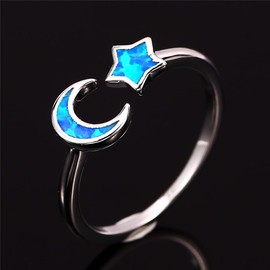IMINI Opal Crescent Moon Star Open Adjustable Stacking Ring for Women Teen Girls White Gold Plated Created Birthstone Love Endless Promise Wedding Expand Lucky Statement Rings Fashion Jewelry (Blue)