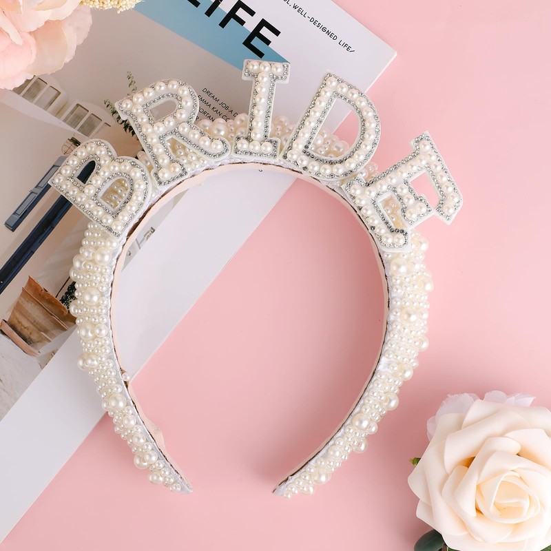 Bride Headband Pearl Veil Decorations White Hairband Accessories for Bachelorette