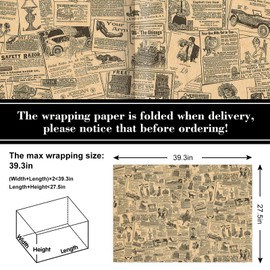 JarThenaAMCS 6 Sheets Newspaper Kraft Wrapping Paper -Not Roll- Vintage Gift Wrap Paper Folded Flat Large Craft Paper for Home Party Supplies, 27.6 x 39.4 Inch