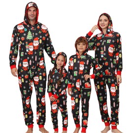 YEAXLUD Matching Christmas Holiday Pajamas for Family Couples Womens Sleepwear Mens Cute Xmas One Piece Pjs Funny Onesie Adult Loungewear Jumpsuit Jammies(Black Santa 3-4)