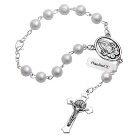 HanlinCC One Decade Catholic Rosary with St.Michael Divine Mercy Guadalupe Medal Auto Rosary Hang on Rearview Mirror (White Guadalupe)
