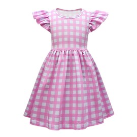 Garperkids Girls Doll Costume for Kids Pink and White Gingham Princess Dress Summer Casual Dress Party Dress Up Children Outfits