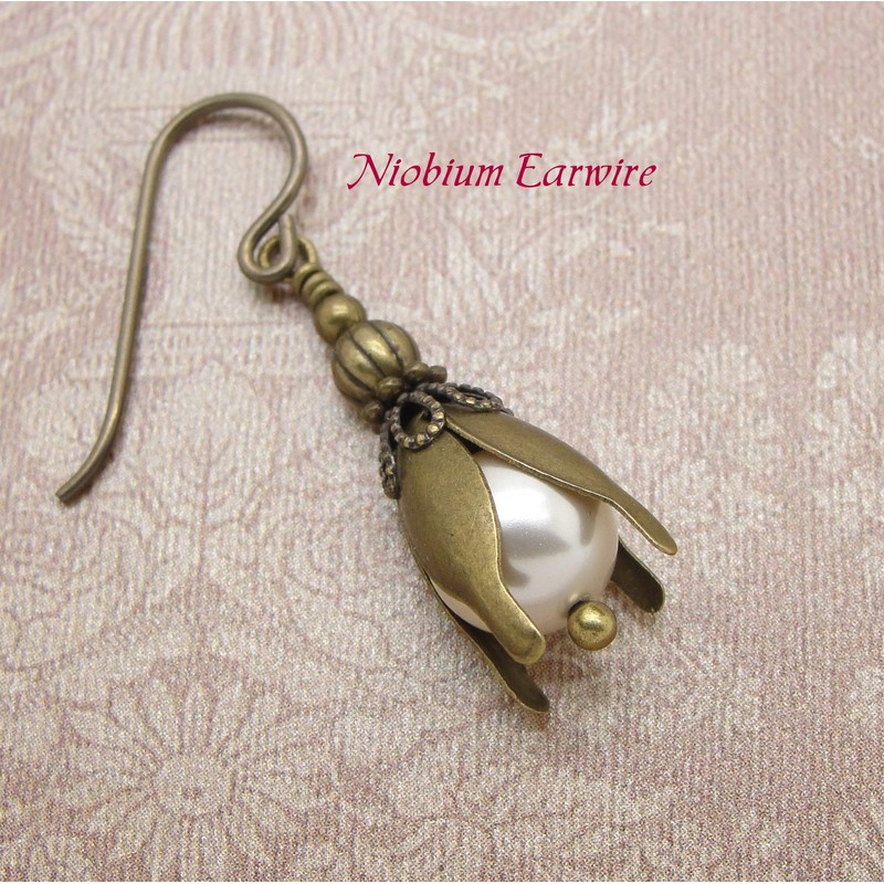 Earrings with Brass Flowers and Cream Manmade Crystal Simulated Pearls