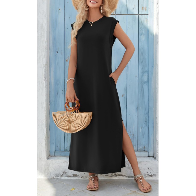 Zeagoo Black Maxi Dress Sleeveless Sun Dresses Beach Crew Neck