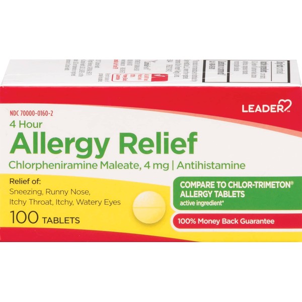 Leader 4 Hour Allergy Relief, Chlorpheniramine Maleate Tablets, Antihistamine, 4 mg, 100 Count, Pack of 4