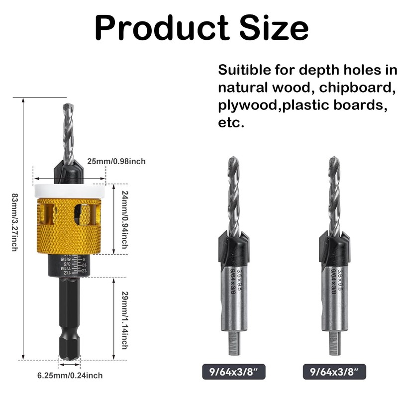 Countersink Drill Bit Set with Replaceable HSS Pilot Drill Bit,