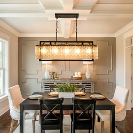 KINGTORO Black Crystal Chandeliers for Dining Room, 35.4" Modern Chandelier for Living Room,Water Ripple Glass Design, Adjustable Height, Rectangle Hanging Light Fixture for Living Room Kitchen Island