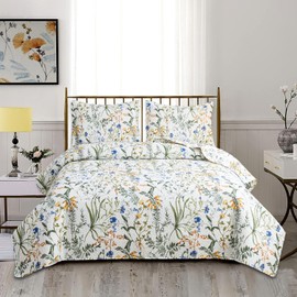Jarson Floral Quilt Set Full/Queen Size,3-Piece Lightweight Spring Summer Country Bedspread,Reverisible Patchwork Botanical Flowers Bedding Set(1 Coverlet & 2 Pillow Shams Included)