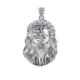 Sterling Silver CZ-Studded Crown of Thorns Jesus Christ Pendant Necklace (Size LG), 22"