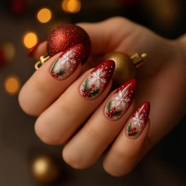 Christmas Press on Nails Medium Almond Glue on Nails with Cute Berry Snowflake Design Glossy Red French Tips Fake Nails Winter Xmas False Nail Reusable Holiday Stick on Nail for Women Girls 24Pcs