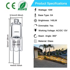 G4 Light Bulbs, 12 Pack G4 12V 10W Crystal Clear Halogen Light Bulb 2 Pin, JC T3 Bi-Pin G4 Base, Dimmable 2700K Warm White Capsule Bulb for Under Cabinet Puck Light, Landscape Lighting, Chandeliers