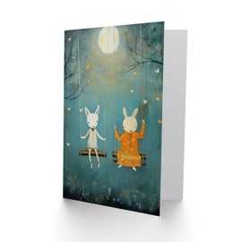 Artery8 Rabbits on a Swing with Moonlit Butterflies for Child Children Kids Birthday Thank You Congratulations Blank Art Greeting Card