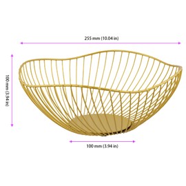 UNGFEI 2 PCS Gold Wire Fruit Bowl, 25.5 x 10cm Round Metal Kitchen Basket for Vegetable, Snack, Bread, Fruit, Geometric