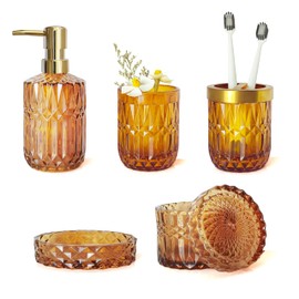 LaMarriti Amber Bathroom Accessories Set, 5Pcs Clear Glass Bathroom Sets, Hand Soap Dispenser, Soap Dish, Toothbrush Holder Set, Qtips Holder for Crystal Vintage Bath Decor, Set