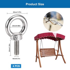 Pack of 4 Eye Bolts M10, 304 Stainless Steel, Eye Bolt with Washers, Rustproof Eye Bolt M10 x 30 mm, Screw with Eyelet, Stainless Steel Screw Eyelets for Attaching and Hanging