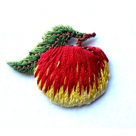 Unbranded iron on patch applique Red and Yellow Peach with Green Leaf  1-1/4" x 1-1/8"