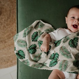 Monstera Leaf Baby Muslin Square with Enamel Mama Pin Badge - 100% Bamboo - 60cm Square - Super Soft Fabric