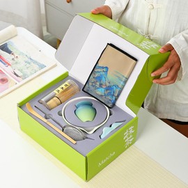 Matcha Set Matcha Whisk Matcha Bowl with Pouring Spout Scoop Matcha Whisk Holder Tea Making Kit, Japanese Tea Set (7pcs) Gradient blue, Color Box Packin