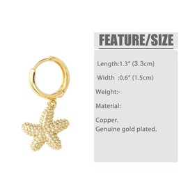 Starfish Small Hoop Dangle Drop Earrings for Women Cute Minimalist 18K Gold Plated Beach Sea Star Huggie Hoops Hypoallergenic Fashion Trendy Jewelry for Holiday Daughter, 0.6x1.3 Inches, 18k Gold