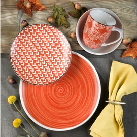 Euro Ceramica Simpatico 16 Piece Stoneware Dinnerware Set ; Opulent Orange ;Service for 4; Geometric Modern Pattern ; Microwave & Dishwasher Safe, Durable