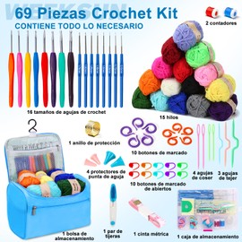 69 Piezas Tejido Crochet Kit, WEEKSUN Kit de Ganchillo para Principiantes,con 15 Colores de Hilo,Ganchillo,Accesorios para Tejer,Caja de Almacenamiento y Bolsa de Almacenamiento, para Adultos y Mayor