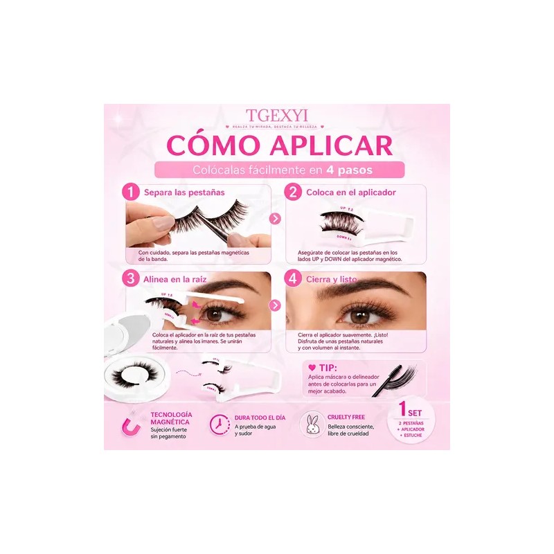 2 Pares Pestañas Magnéticas Natural Reutilizables +aplicador