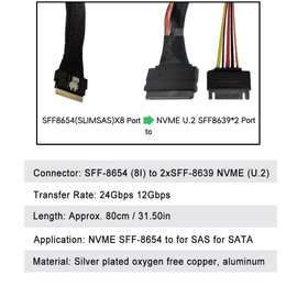 ciciglow NVME SFF-8654 to 2xSFF-8639 24Gbps 12Gbps 80cm NVME SFF-8654 to SAS for SATA Mainboard SSD Adapter Cable