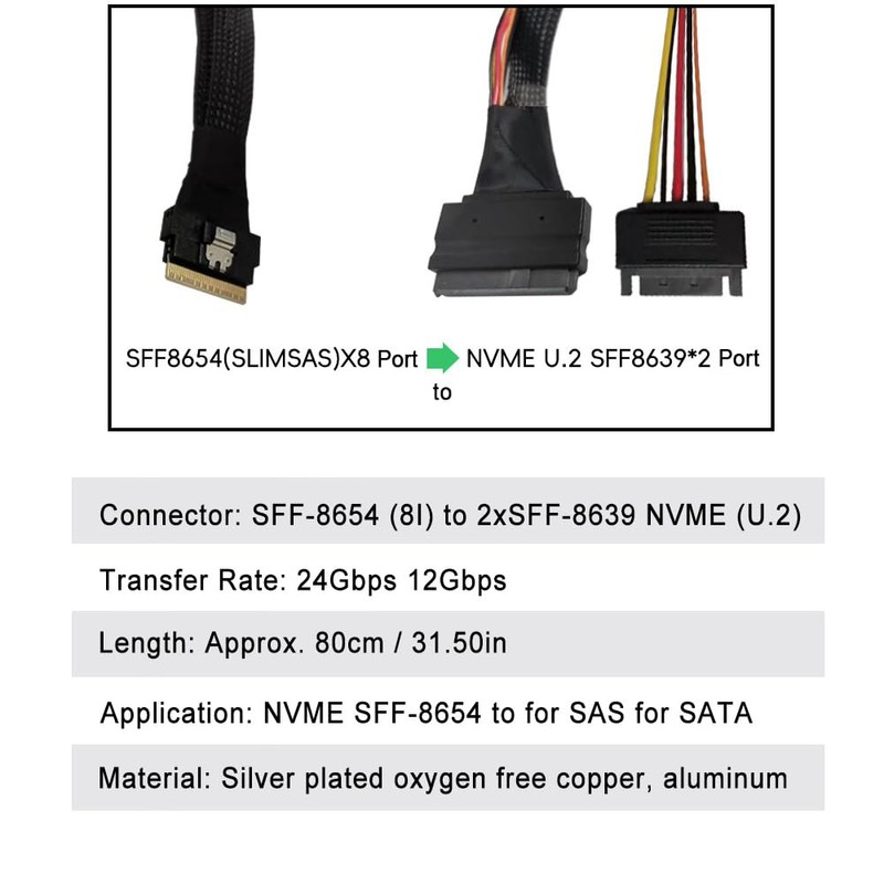 ciciglow NVME SFF-8654 to 2xSFF-8639 24Gbps 12Gbps 80cm NVME SFF-8654