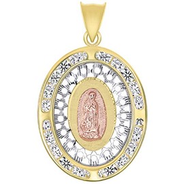 Jewelry America 14k Yellow Gold and Rose Gold CZ Oval Our Lady of Guadalupe Miraculous Medallion Pendant, Cubic Zirconia