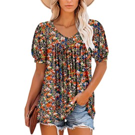 ROSELINLIN Womens Short Sleeve Tunic Top V Neck Pleated Puffed Sleeve T Shirts Fashion Summmer Tops Orange Royal L