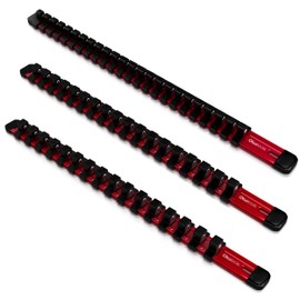 Olsa Tools Aluminum Socket Organizer, 3pc Set - Red Socket Holder Kit 1/2-Inch, 3/8-Inch, and 1/4-Inch Drive - Holds 58 Chrome or Impact Sockets - Professional Grade Socket Rails - Part: 1009