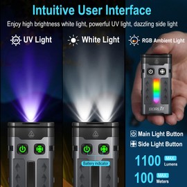 BORUIT EV20 LED Small EDC Flashlight with 365nm UV Light,1100 Lumen USB-C Rechargeable Pocket Keychain Flashlights with RGB Side Light,IP66 Waterproof,Clip & Tail Magnet for Camping,Aluminum Black