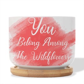 DecStic You Belong Among The Wildflowers Planters Ceramic Bible Verse Round Flower Pot with Drainage Holes and Bamboo Tray Pot for Indoor Outdoor Garden
