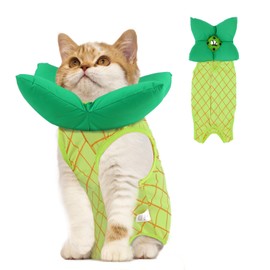 EMUST Cat Recovery Suit and Cat Cone Collar Set, Soft Cat Onesie for Cats After Surgery Female, Cute Kitten Surgery Recovery Suit Female, Cone of Shame Alternative for Kittens Under 4lb, Green, S