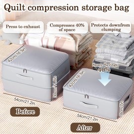 Ultra Space Saving Self-Compressing Organiser, Self-Compression Organiser, Clothing, Storage Bag for Duvets, Large Storage for Duvets, Blankets (Grey, 52 x 42 x 30 cm)