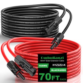 Oududianzi 10AWG Solar Extension Cable 70Ft, Solar Panel Extension Cable, 10 AWG Solar Wire, PV Wire, Solar Panel Wires and Connectors for Solar Systems (70FT Red+70FT Black)