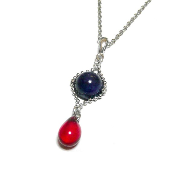 Lapis Lazuli and Red Amber Pendant Necklace Silver Color, Gemstone,