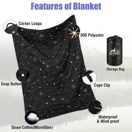 OUTSKIRT Ultra-Light Camping Blanket, Packable Camping Blankets for Cold Weather, Wearable Puffy Blanket, Perfect for Traveling, Hiking, Festival & Stadium, Black