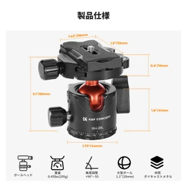 K&F CONCEPT Freedom Head High Load Capacity 22.0 lbs (10 kg), Low Center of Gravity, Ball Head, 1/4 Screw Quick Shoe Included, Metal, Tripod, Monopod, SLR, Shooting, DSLR, Camcorders, Telescopes, Manufacturer Direct Store