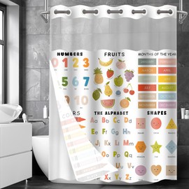 FEASRT Kids Educational No Hooks Shower Curtain for Bathroom 71 x 74 Inch Hookless ABC Alphabet Math Table Color Fruits Bath Curtain Polyester Waterproof Bath Curtain