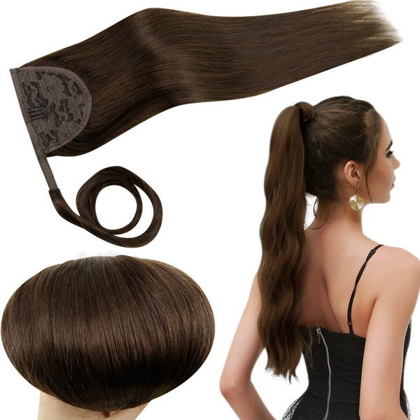 RUNATURE Real Hair Brown Extensions, Chocolate Brown, Remy Braid Extensions, Real Hair Clip in Ponytail, Straight Human Hair, 30 cm, #4, 70 g