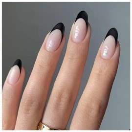 Black French Tip Press on Nails Short Round Head Fake Nails Glue on Nails Acrylic Nails Decoration False Nails with Glue Nude Glossy Nails For Women Girls 24Pcs