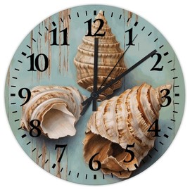 Wood Hanging Wall Clock Silent Non-Ticking Large Numbers Battery Operated Nautical Beach Ocean Theme Conch Shells Coral Sea Fish Turtles Wood Clocks Vintage Wall Decor for Warehouse Office Daycare 15"