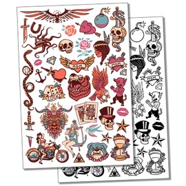 American Traditional Vintage Old Style Temporary Tattoo Water Resistant Fake Body Art Set Collection - Color (One Sheet)