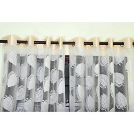 Exporthub 2 Piece Polyester Blend Eyelet Stripe Fancy Sparkling Beautiful Leaf Sheer Strip Net Window Curtain - 5ft, Beige