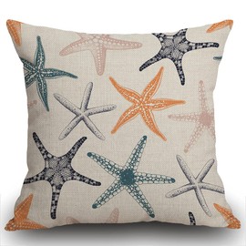 Smooffly Cushion Cover 45 x 45 cm, Beach Ocean Coastal Orange Black and Blue Starfish Decorative Pillow Cover Home Decor Standard Square 18x18 Inches Summer White Pillowcase