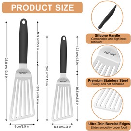 POTWIY Stainless Steel Spatula Set, 13.3" Large & 11.3" Small Slotted Fish Turner with Silicone Handle, Metal Spatulas for Kitchen, Grilling, Cooking Utensils Flipper for Fish, Egg, Pancake (2 Pack)