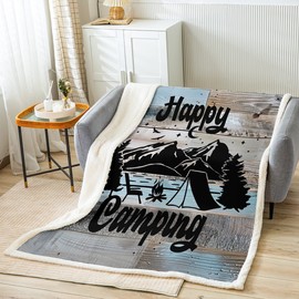 Erosebridal Happy Camping Fleece Blanket Rustic Farmhouse Style 50''x60'' for Boys Kids Teens Camper Throw Black Sketch Drawing Bed Decor,Vintage Old Barn Door Cottage Sofa Decor